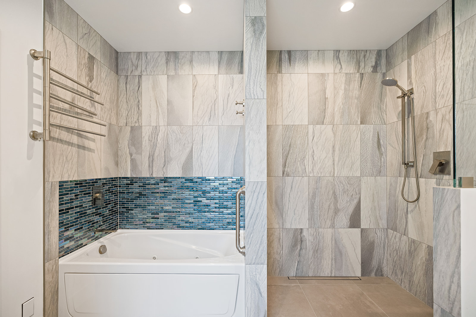 Spa bathroom remodel with walk-in shower and soaking tub by RC Builders Inc